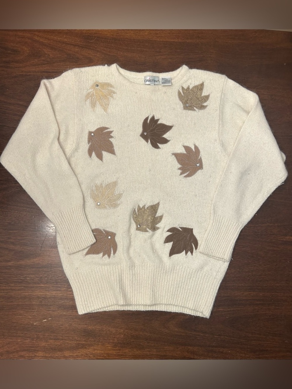 Christina Cream Sweater with Brown & Tan Leaf Appliqués
